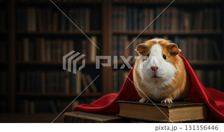 A cute fluffy guinea pig with vibrant orange, white, and brown fur sits atop a stack of antique books, draped in elegant red fabric, within a softly lit, classic library setting. 131356446