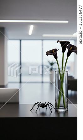 A modern office interior features a black plastic spider and dark calla lilies in a clear vase on a dark counter with bright ceiling lights. 131356477