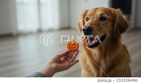 A golden retriever dog with golden fur eagerly looks at a small, orange, jack-o'-lantern shaped treat held by a person's hand in a bright, modern indoor setting. 131356490