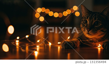 A beautiful tabby cat with wide eyes lies on a wooden floor surrounded by glowing orange fairy lights and warm bokeh in a cozy, dimly lit indoor setting. 131356494