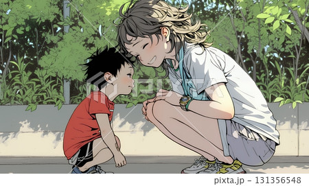 幼い我が子の悩みの相談にのっている母親