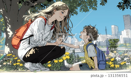 幼い我が子の悩みの相談にのっている母親