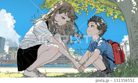 幼い我が子の悩みの相談にのっている母親 131356552