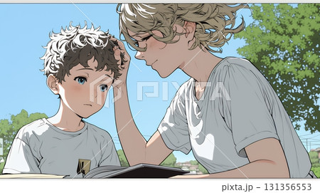 幼い我が子の悩みの相談にのっている母親 131356553