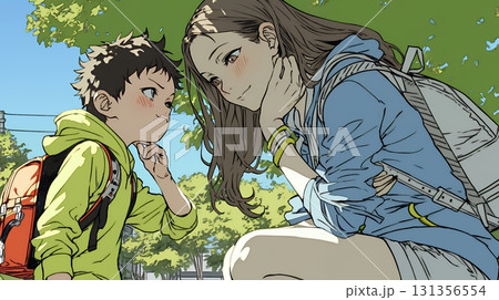 幼い我が子の悩みの相談にのっている母親 131356554