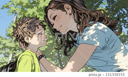 幼い我が子の悩みの相談にのっている母親 131356555