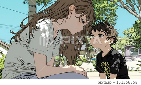 幼い我が子の悩みの相談にのっている母親