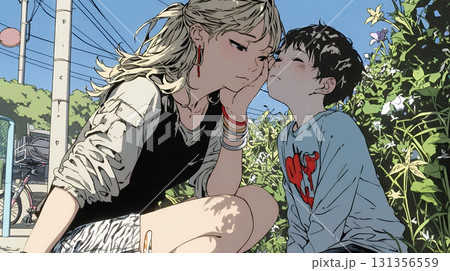 幼い我が子の悩みの相談にのっている母親