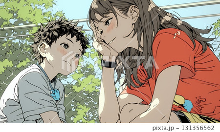 幼い我が子の悩みの相談にのっている母親