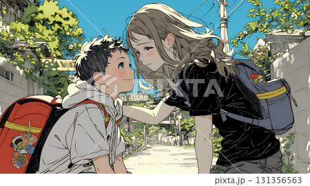 幼い我が子の悩みの相談にのっている母親