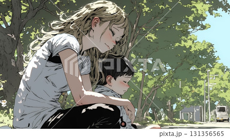 幼い我が子の悩みの相談にのっている母親