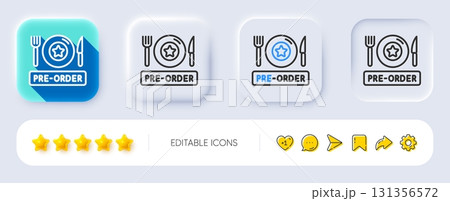 Pre-order food line icon. Neumorphic, Flat shadow, 3d buttons. Order meal sign. Restaurant plate, fork and knife symbol. Line pre-order food icon. Social media icons. Vector 131356572
