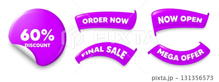 Discount purple sticker, Sale offer ribbons. Final sale, Order now. 60 percent discount tag. Sale offer price sign. Special offer symbol. Sticker badge. Flag ribbon banners. Vector 131356573