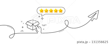 Hold open box line icon. Continuous line with share plane. Delivery parcel sign. Cargo package symbol. Five star rate review in speech bubble. Hold box single line ribbon. Loop curve pattern. Vector 131356625
