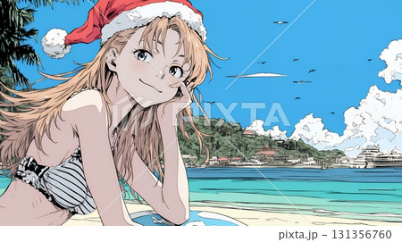 真夏（南半球）のビーチで活動中の女性のサンタクロース