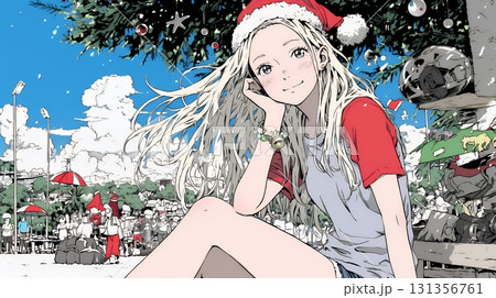 真夏（南半球）のビーチで活動中の女性のサンタクロース