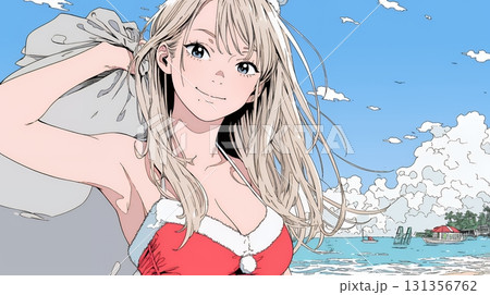 真夏（南半球）のビーチで活動中の女性のサンタクロース