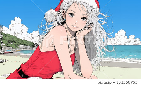 真夏（南半球）のビーチで活動中の女性のサンタクロース