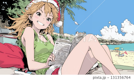 真夏（南半球）のビーチで活動中の女性のサンタクロース