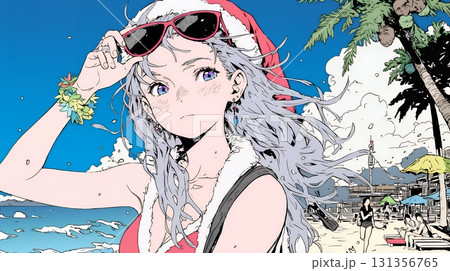 真夏（南半球）のビーチで活動中の女性のサンタクロース