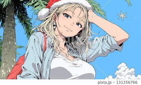 真夏（南半球）のビーチで活動中の女性のサンタクロース