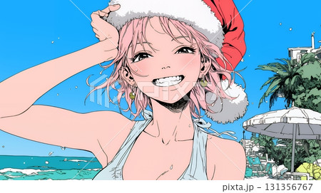 真夏（南半球）のビーチで活動中の女性のサンタクロース