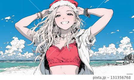 真夏（南半球）のビーチで活動中の女性のサンタクロース