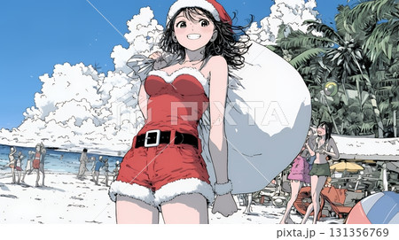 真夏（南半球）のビーチで活動中の女性のサンタクロース