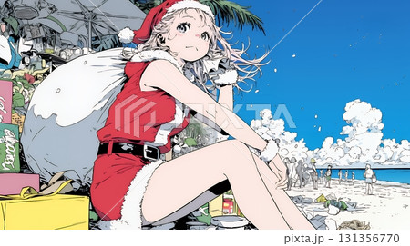 真夏（南半球）のビーチで活動中の女性のサンタクロース