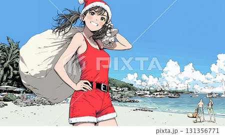 真夏（南半球）のビーチで活動中の女性のサンタクロース
