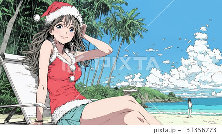 真夏（南半球）のビーチで活動中の女性のサンタクロース