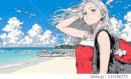 真夏（南半球）のビーチで活動中の女性のサンタクロース