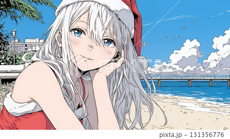 真夏（南半球）のビーチで活動中の女性のサンタクロース