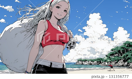 真夏（南半球）のビーチで活動中の女性のサンタクロース