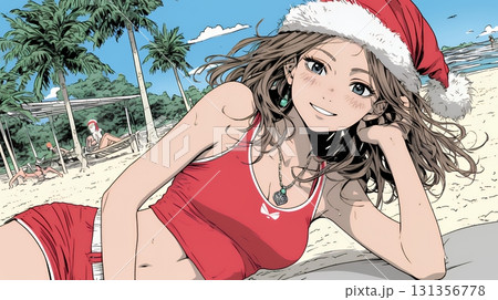 真夏（南半球）のビーチで活動中の女性のサンタクロース