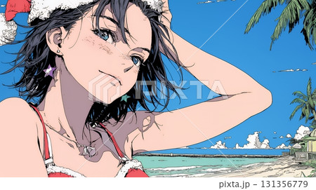 真夏（南半球）のビーチで活動中の女性のサンタクロース