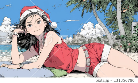 真夏（南半球）のビーチで活動中の女性のサンタクロース