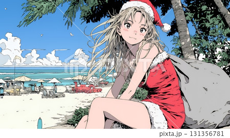 真夏（南半球）のビーチで活動中の女性のサンタクロース