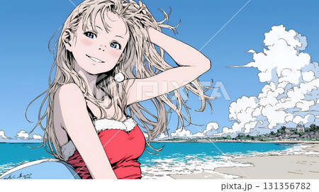 真夏（南半球）のビーチで活動中の女性のサンタクロース