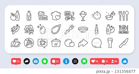 Beer glass, Pre-order food and Food line icons pack. Social media: share, comment, like icons. Love cooking, Water drop, Beer web icon. Mint tea, Water bottle, Knife pictogram. Vector Beer glass, Pre-order food and Food line icons pack. Social media: share, comment, like icons. Love cooking, Water drop, Beer web icon. Mint tea, Water bottle, Knife pictogram. Vector 131356877
