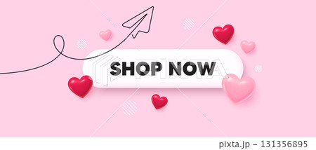 Shop now search bar. Share plane line icon. Shop now. Special offer price sign. Sale discounts symbol. Search button with 3d hearts. Vector 131356895