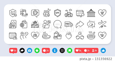 Yummy smile, Flight destination and Sleep line icons pack. Social media: share, comment, like icons. Calendar, Circus, Spf protection web icon. Heart, Bike, Ask me pictogram. Vector Yummy smile, Flight destination and Sleep line icons pack. Social media: share, comment, like icons. Calendar, Circus, Spf protection web icon. Heart, Bike, Ask me pictogram. Vector 131356922