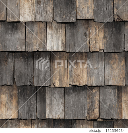 シームレスな伝統和風屋根テクスチャ：風化した檜皮・こけら板の重なり、古材調のタイルパターン 131356984