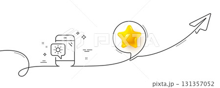 Weather phone line icon. Continuous line with share plane. Travel device sign. Holidays symbol. 3d star in speech bubble. Weather phone single line ribbon. Loop curve pattern. Vector 131357052