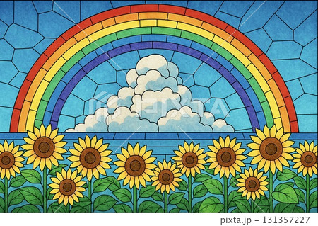 ひまわり　青空　虹　入道雲　海　ステンドグラス風 131357227