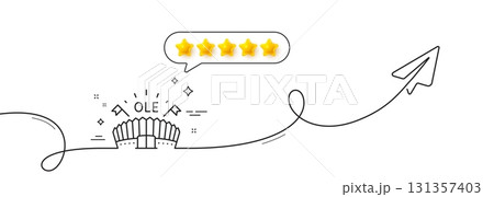 Sports arena line icon. Continuous line with share plane. Stadium with flags sign. Sport complex symbol. Five star rate review in speech bubble. Sports arena single line ribbon. Vector Sports arena line icon. Continuous line with share plane. Stadium with flags sign. Sport complex symbol. Five star rate review in speech bubble. Sports arena single line ribbon. Vector 131357403