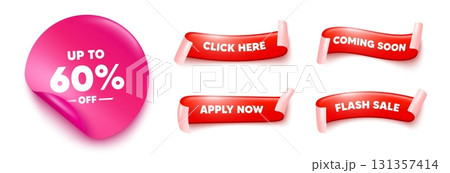 Discount tag sticker, offer ribbons. Apply now, Flash sale. Up to 60 percent off sale. Discount offer price sign. Special offer symbol. Save 60 percentages. Pink sticker tag. Vector 131357414