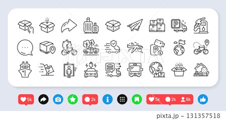 Paper plane, Search flight and Petrol station line icons pack. Social media: share, comment, like icons. Open box, Delivery cart, Baggage web icon. Vector Paper plane, Search flight and Petrol station line icons pack. Social media: share, comment, like icons. Open box, Delivery cart, Baggage web icon. Vector 131357518