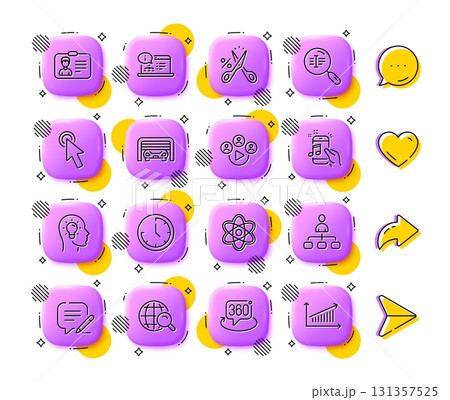 Time, Management and Online documentation line icons. App 3d buttons. Social media comment, share, like icons. Pack of Video conference, Chemistry atom, Write icon. Vector 131357525