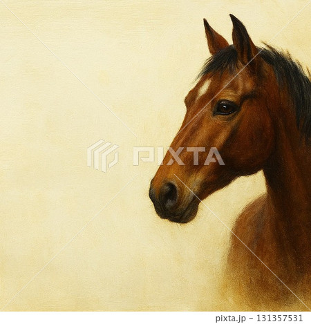 写実的な馬の絵、オフホワイトの背景のコピースペース 131357531